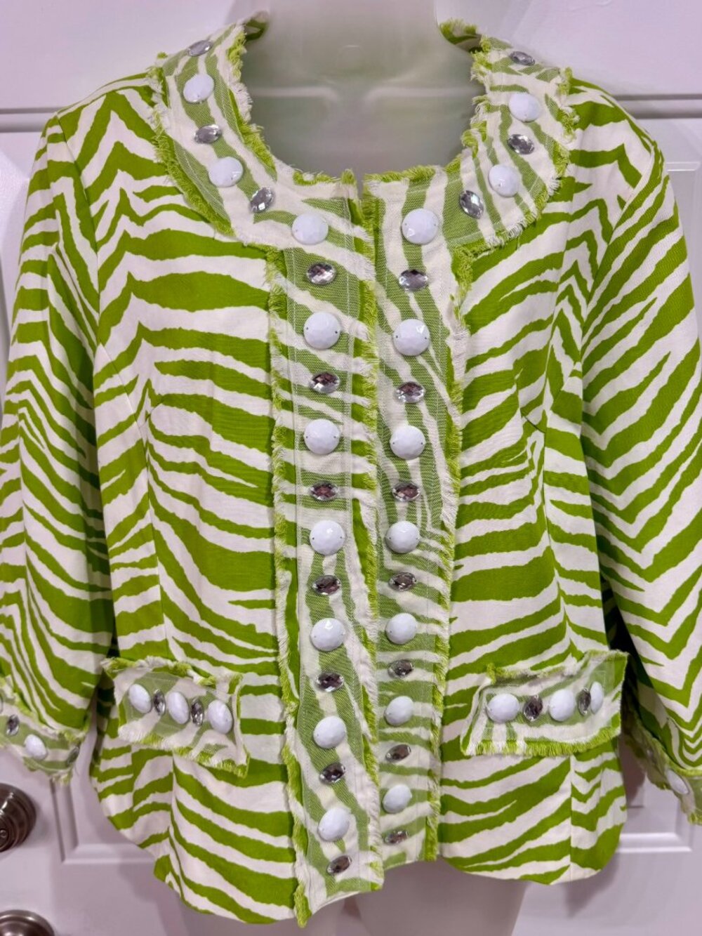 Vintage Berek Lime Green White Zebra Beaded Gem Cotton Jacket Size Large